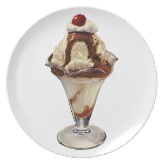 Vintage Dessert; Hot Fudge Ice Cream Sundae Cherry Plates