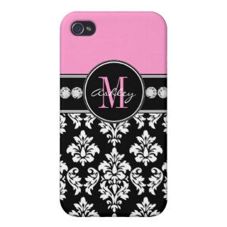 Pink Initial, Name, Black and White Damask Pattern Covers For iPhone 4