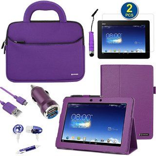 BIRUGEAR 8 Items Essential Accessories Bundle kit for Asus Memo Pad FHD 10 ME302C   10.1'' Full HD IPS Display Tablet    Purple SlimBook Leather Folio Stand Case Cover included Computers & Accessories