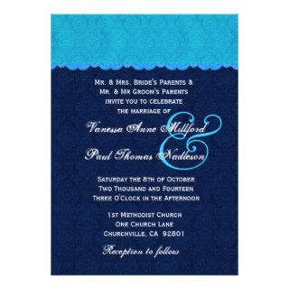 Turquoise Lace and Navy Blue Damask Wedding 006 Personalized Invitations