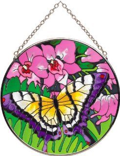 Joan Baker Designs MC308 Butterfly and Pink Orchids Art Glass Suncatcher, 4 1/2 Inch Diameter  