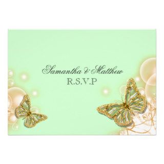Green beige butterfly wedding engagement RSVP Invites