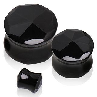 Natural Black Agate Faceted Double Flare Saddle Plugs   0G (8mm)   Sold as a Pair Jewelry