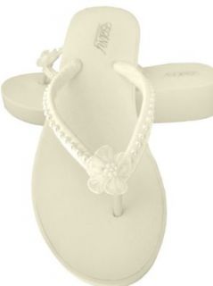 Ivory Wedge Bridal Flip Flops Sandals Pearls with Organza Flower Size Small (5 6) Fashion Flip Flops Shoes