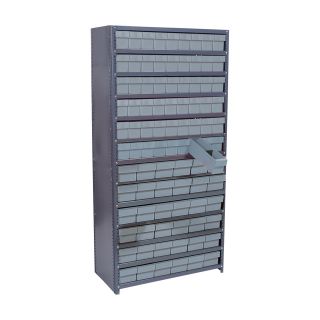 Quantum Storage Systems Closed Shelving System with Super Tuff Drawers — Complete 18in. x 36in. x 75in. Unit in Gray with 13 Shelves and 90 Bins  Single Side Bin Units