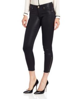 7 For All Mankind Women's Cropped Skinny Jean with Ankle Zip in High Gloss Black Black Coated Jeans