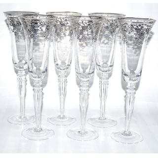 Italian Silver Accented Royal Floral Champagne Flutes (Set of 6) Threestar Toasting Flutes