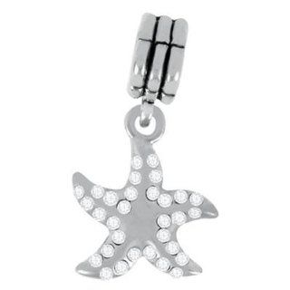 17mm Dangle Starfish with Clear Crystals Large Hole Bead   Rhodium Plated