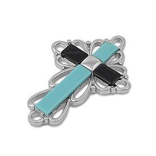 Sterling Silver Turquoise & Black Onyx Fine Cross Pendant Pendant Necklaces Jewelry
