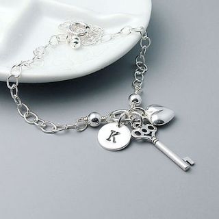 silver heart and key bracelet by wished for