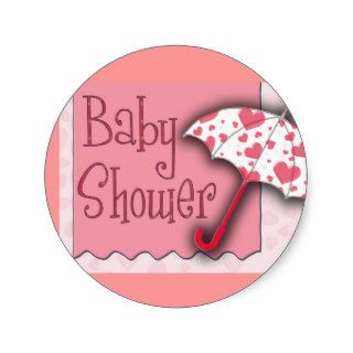 PInk Umbrella Baby Shower   Customized Round Sticker