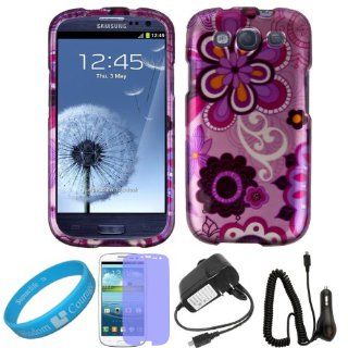 Purple Floral 2 piece Snap on Cover Shield Protector for Samsung Galaxy S III Android Smartphone (fits all Samsung Galaxy S3 models) + Clear Screen Protector + Black Car Charger + Black Wall Charger + SumacLife TM Wisdom Courage Wristband Cell Phones &