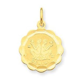 14k Gold Satin Polished Engraveable Gemini Zodiac Scalloped Disc Charm Jewelry