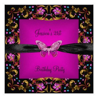 21st Birthday Party Hot Pink Black Butterfly Invitations