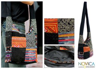 'Hmong Colors' Cotton Sling Tote Bag (Thailand) Novica Shoulder Bags