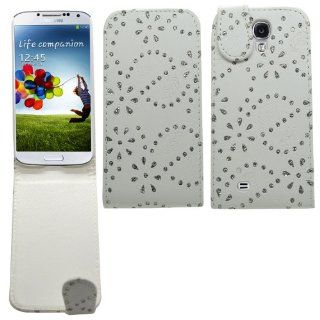 SAMRICK   Samsung i9500 Galaxy S4 IV & i9505 Galaxy S4 IV & SGH i337 & i9505G Galaxy S4 Google Play Edition   Bling Diamante Floral Flowers Specially Designed Leather Flip Case & Screen Protector/Foil/Film/Guard & Microfibre Cloth   Whi