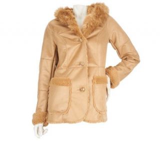 Dennis Basso Distressed Faux Shearling Coat w/Hood and Fur Lining —