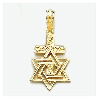 14k Gold Religious Necklace Charm Pendant, Star Of David & Cross Engraved, Jewis Million Charms Jewelry