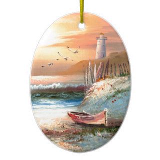 Painting Of A Beached Rowboat Near A Lighthouse Ornament
