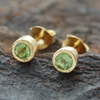 gold and peridot dot stud earrings by embers semi precious and gemstone designs