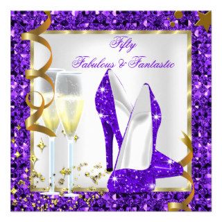 Fabulous 50 Fantastic Purple White Gold Birthday Custom Invitation