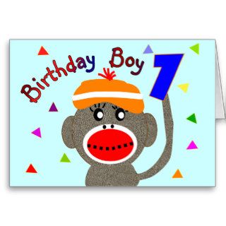Birthday BOY Sock monkey 1 year old Greeting Cards