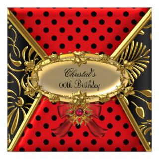 Birthday Party Gold Red Black Damask Polka Dot Custom Announcement