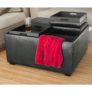 Leather Ottoman With 4 Tray Tops Storage Bench Coffee Table Black Leather New  