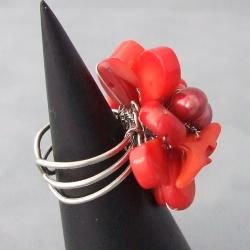 Base Metal Red Coral and Pearl Flower Wrap Ring (7 9 mm) (Thailand) Rings