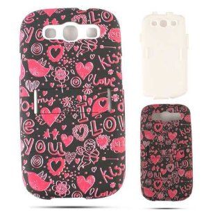 Cell Armor I747 PC JELLY 03 TE371 Samsung Galaxy S III I747 Hybrid Fit On Case   Retail Packaging   Pink Hearts on Black Cell Phones & Accessories
