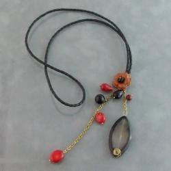 Black Agate Teardrop Brown Floral Heart Red Coral Leather Necklace (Thailand) Necklaces