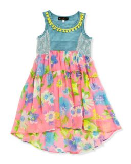 Pompom Trimmed Floral Combo Dress, Blue/Pink, 4 6X