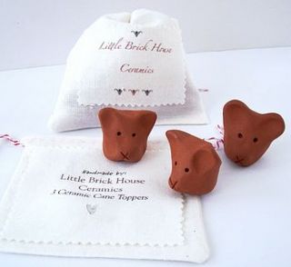 three terracotta bear cane toppers by little brick house ceramics