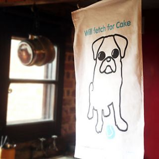 'will fetch for cake' pug tea towel by weloveleon