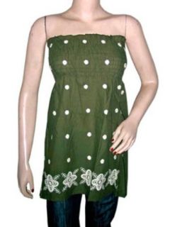 Tube Top Olive Green Floral Embroidered Smocked Top Small