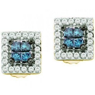 0.33 Carat (ctw) 14k Yellow Gold Blue & White Diamond Ladies Invisible Set Stud Earrings Jewelry