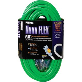 Prime Wire & Cable 12/3 Neon Power Cord — 50Ft.L, Green, Model# NS512830  Extension Cords
