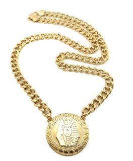 Celebrity Style Shiny Gold Faded Pharaoh Pendant w/10mm 30" Link Chain Necklace XC407G Jewelry