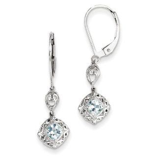 Sterling Silver Diamond & Aquamarine Lever Back Earrings Jewelry