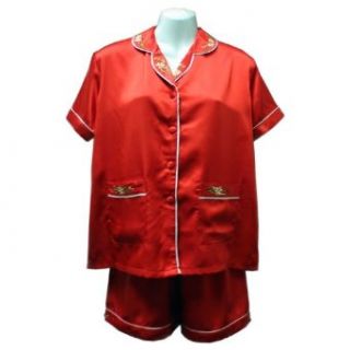 Sirisha Women's Embroidered Satin Silk "Shorty" Pajamas   Cherry Red (Small)