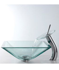 Kraus Square Clear Aquamarine Glass Sink And Waterfall Faucet