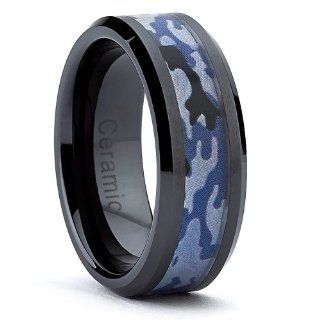 8MM Black Ceramic Military Black Blue Camouflage Band Army, Navy, Air Force, Marines Ring Sizes 7 to 15 Jewelry