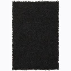 Handwoven Mandara Black Polyester Shag Rug (79 X 106)