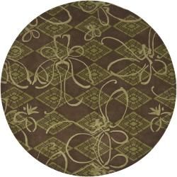 Mandara Brown/ Green Hand tufted Floral New Zealand Wool Area Rug (79 Round)