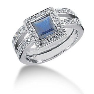 1.15 Ct Diamond Sapphire Ring Engagement Princess cut 14k White Gold Jewelry