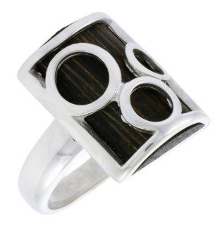 Sterling Silver Bubble Design Rectangular Ring, w/ Ancient Wood Inlay, w/ Triple Circle Cut outs, 7/8 inch (22 mm) wide Jewelry