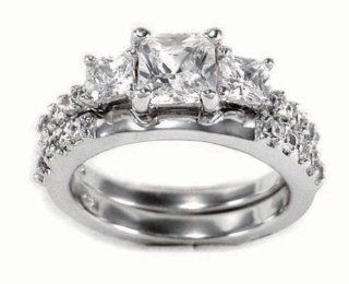 Three Stone Princess Cut Cubic Zirconia Engagement Ring Set Size 5 Teeda Jewelry