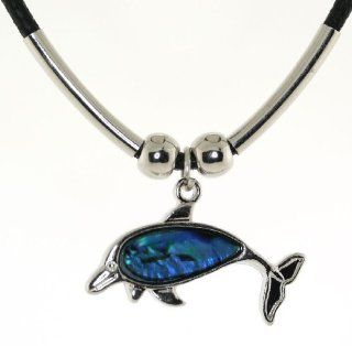 Blue Paua Shell Stone Dolphin Pendant Cord Necklace Jewelry