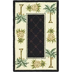 Hand hooked Palm Black/ Ivory Wool Rug (29 X 49)