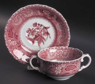 Spode Camilla Red (Earthen,Old,Red Stamp) Flat Cream Soup Bowl & Saucer Set, Fin